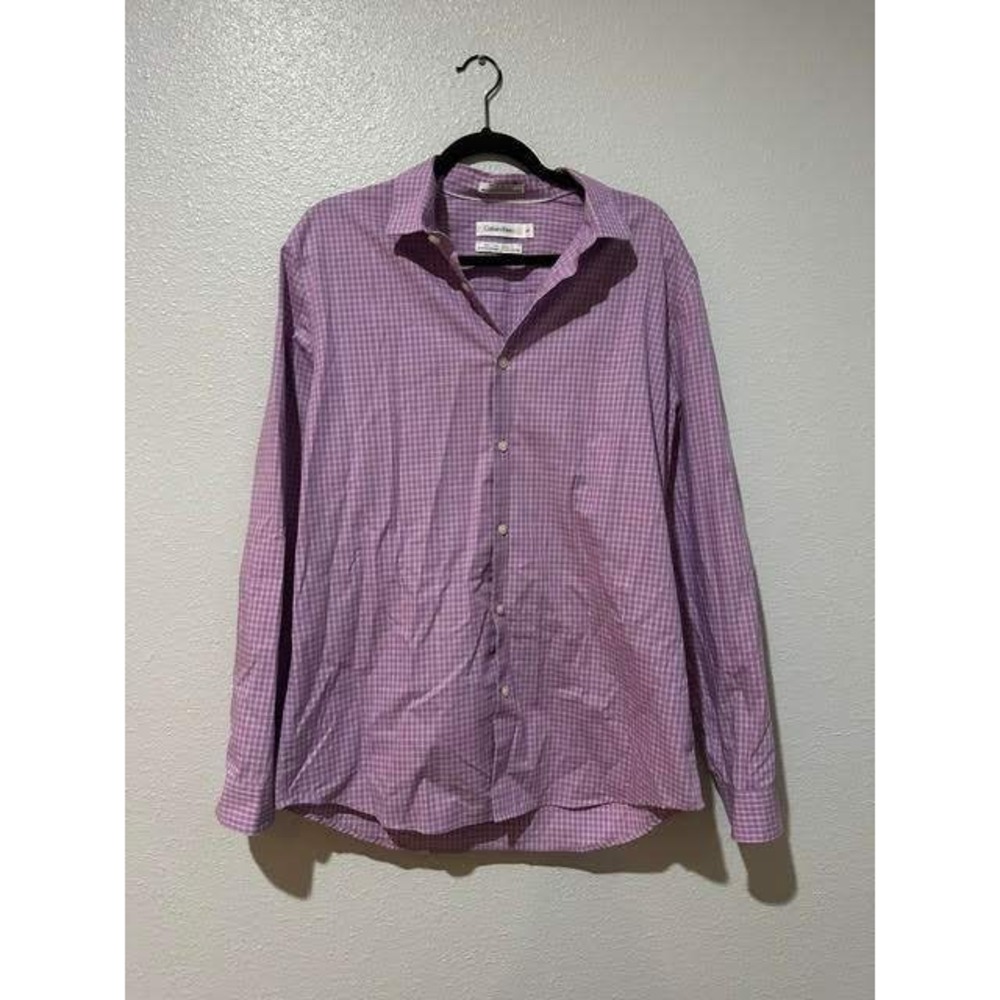 Calvin Klein Mens Purple Gingham Non Iron Body Fit Stretch Button Down Shirt L